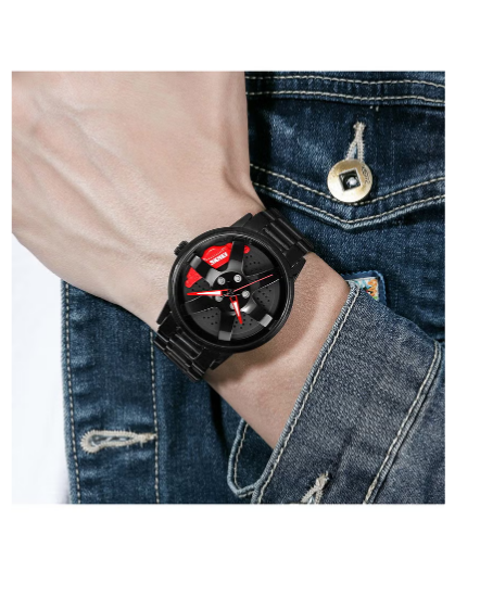 Spinning Car Watches for Men, Waterproof Stainless Steel Japanese Quartz Wrist Watch Sports Men’s Watches with Car Wheel Rim Hub Design